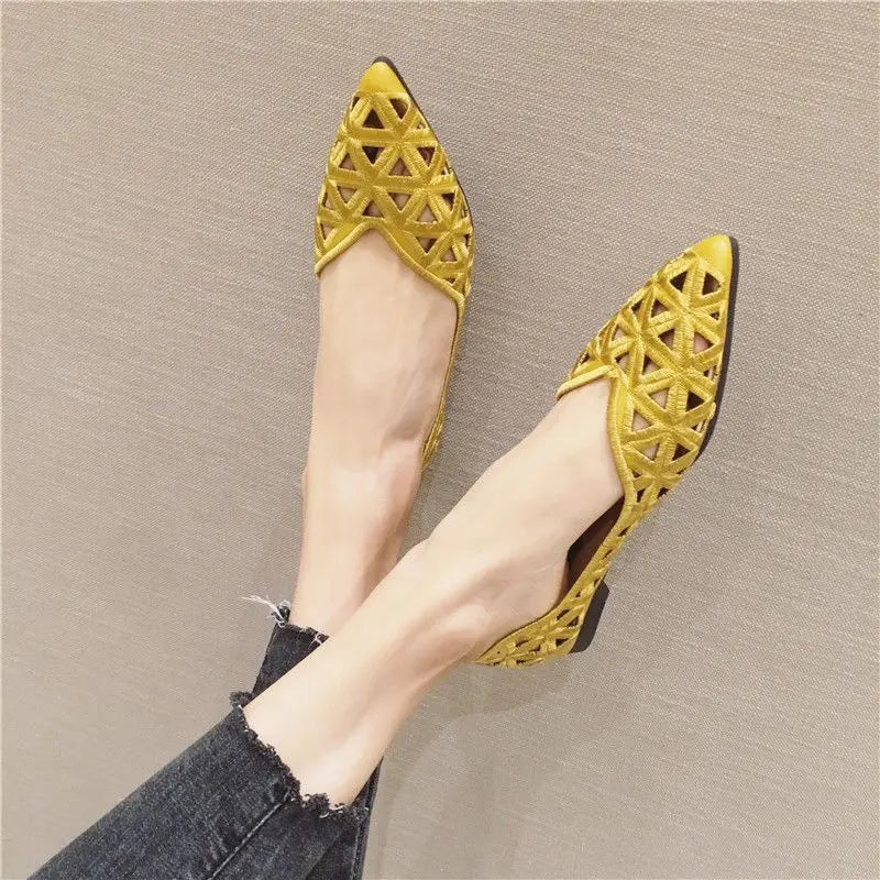 Flat Shoes Women 2026 Summer Pointy Joker Hollow Leisure Commuter Flat Spring Elegant Women's Shoes Breathable Hole Shoes Pi-Mart