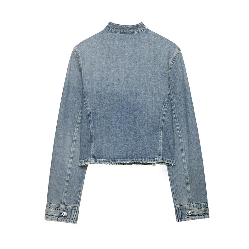 YENKYE Women's Cropped Denim Jacket Front Button Frayed Hem Stand Collar Streetwear Coat LadyShow.Store