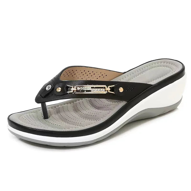 2023 Women's Slippers Summer New Fashion Metal Button Slides Shoes Wedge Beach Sandals Women Outside Platform Leisure Flip Flops Pi-Mart