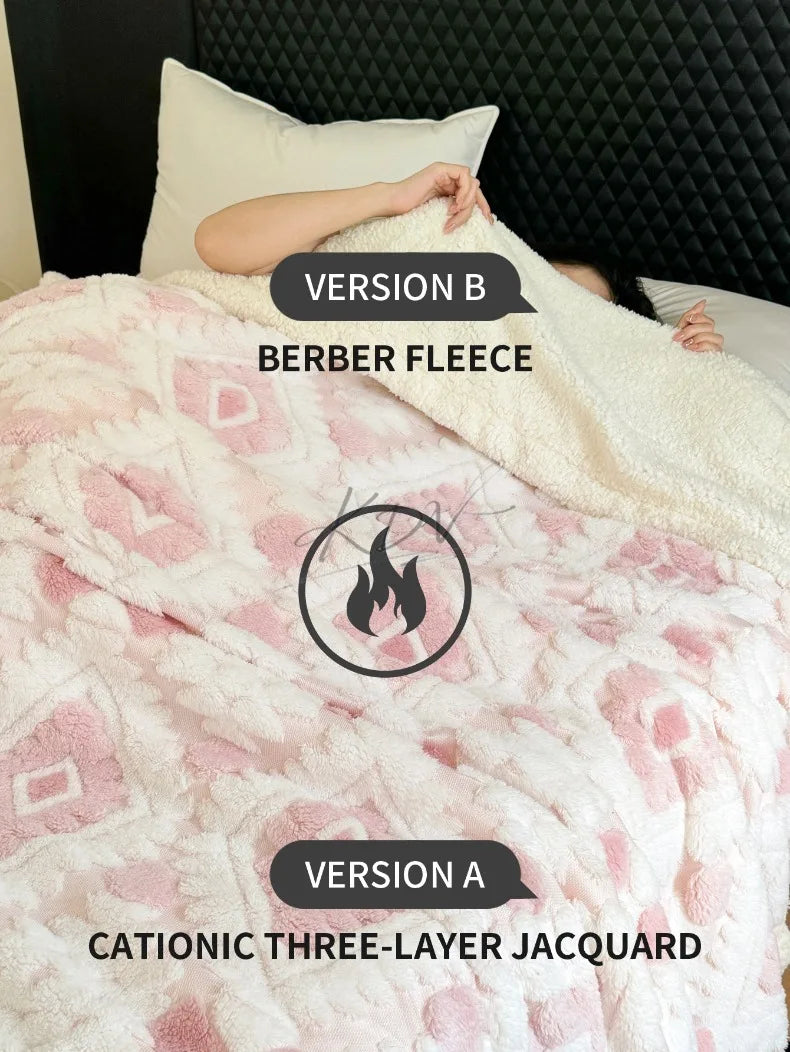 Geometric Patterned Jacquard Fleece Blanket Double Layer Thick Warm Taffeta Sofa Throw Blanket Spring Autumn Plush Bed Blanket Pi-Mart