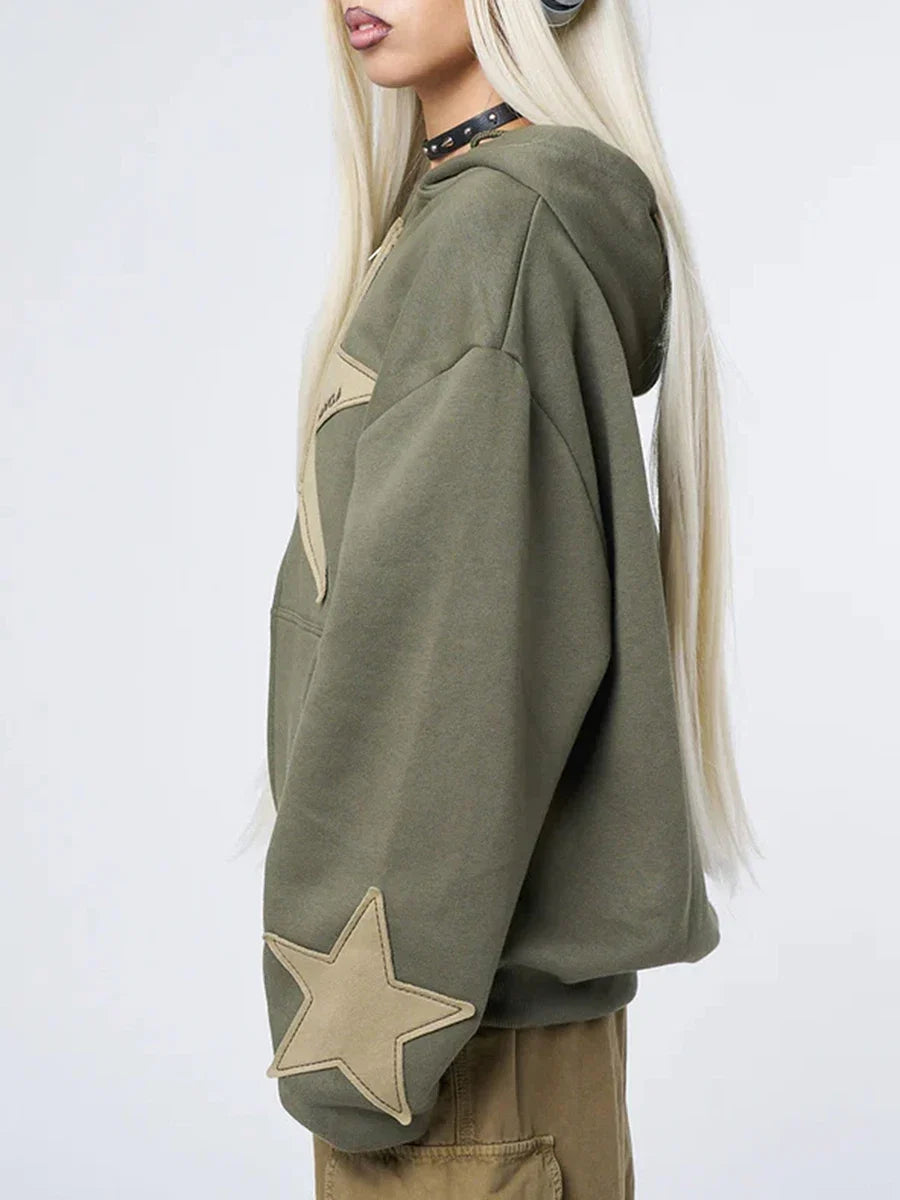 Y2K Vintage Star Print Hooded Hoodie for Women Casual Loose Long Sleeve Zip Up Drawstring Sweatshirts Autumn Spring Coat Street LadyShow.Store