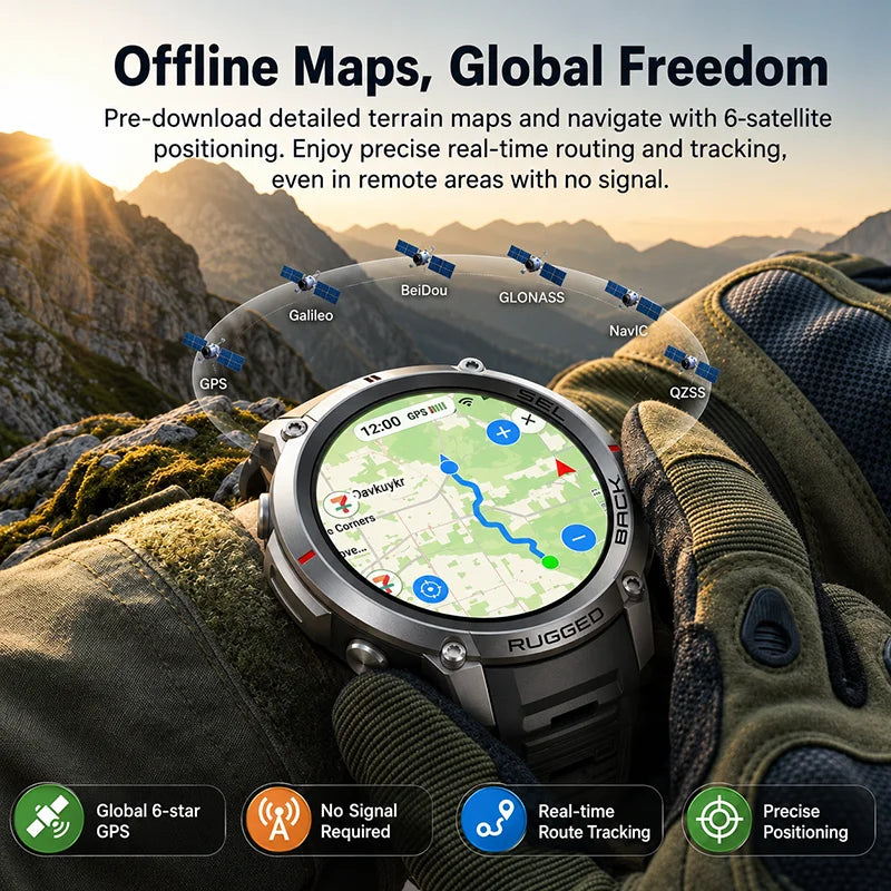 2026 Military Satellite Offline Map GPS Smart Watch Men 1.43''AMOLED Bluetooth Call Compass 5ATM Waterproof 170+Sport Smartwatch Pi-Mart