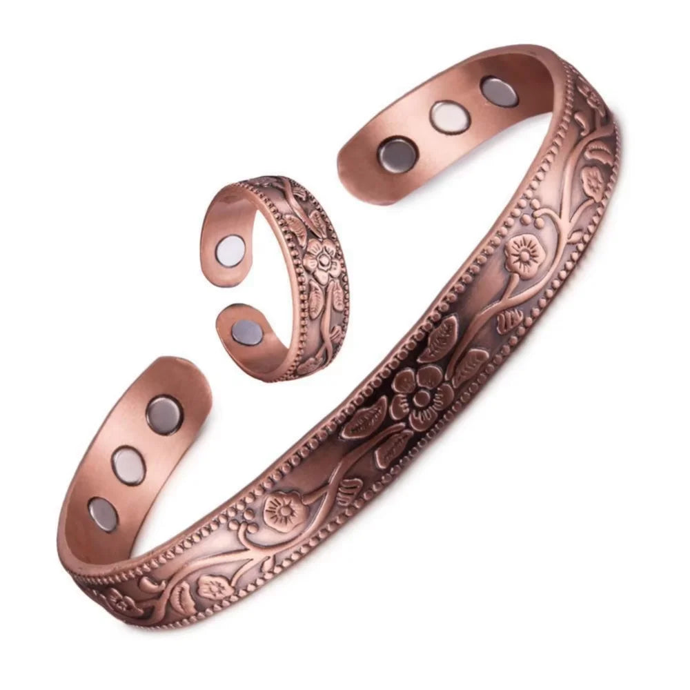 Magnetic Bracelet Retro Flower Ring Bracelet Set Adjustable Men's and Women's Plated Ancient Red Copper Magnetic Bracelet Pi-Mart