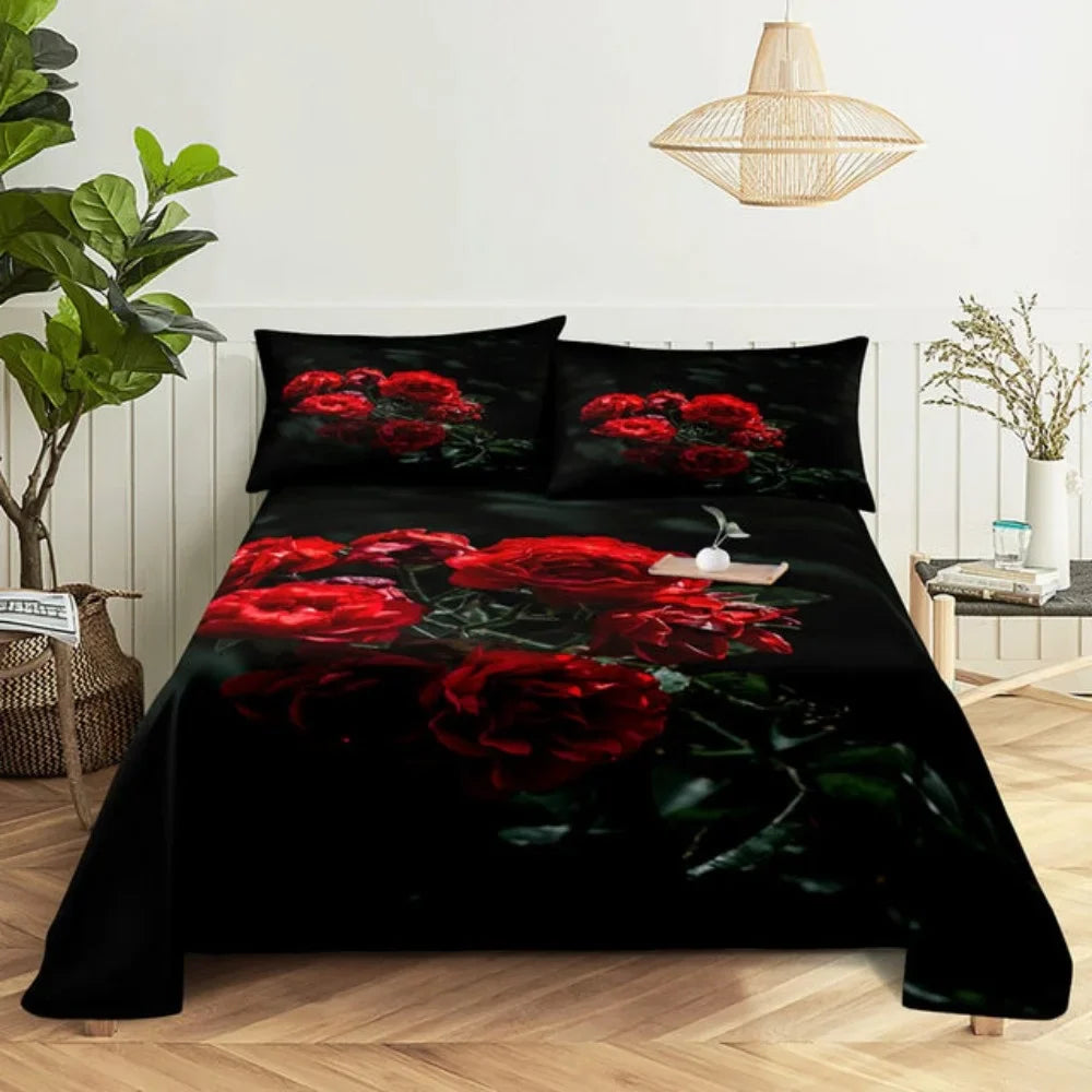 Pink Rose Bed Sheet Sets 3D Print Flowers Bed Flat Sheet for Women Girls King Queen Full Twin Size 2/3pcs Bed Linen Room Decor LadyShow.Store