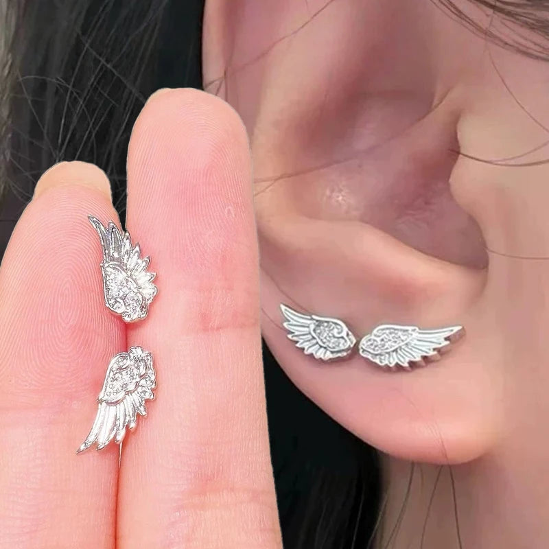 Fashion Zircon Wing Stud Earrings for Women Luxury Shiny Crystal Creative Angel Wings Cross Silver Color Ear Studs Jewelry Gifts Pi-Mart