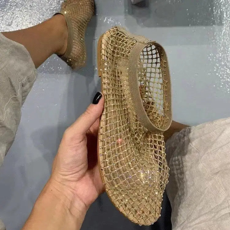 Luxury brand Women's New Round Toe Flat Bottom Slippers Hollow Short Boots Water Diamond Sexy Flat Bottom Banquet  Sandals LadyShow.Store