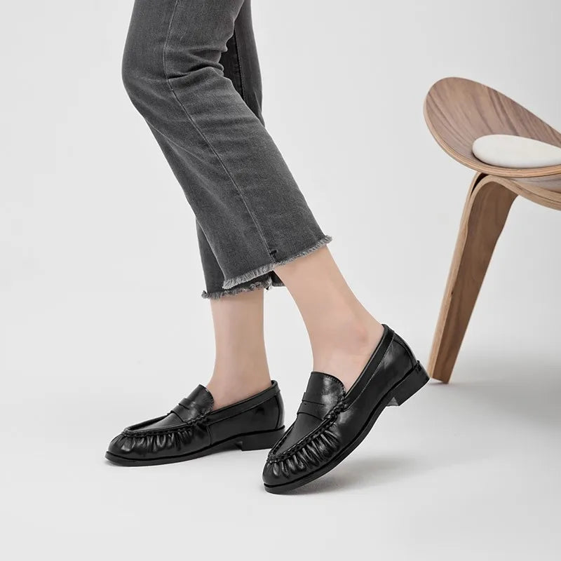Lady Loafers 2026 Model Handcrafted Retro Pleated Single Shoes for Women, Women's Low-Heeled Leather Suede Shoes Pi-Mart