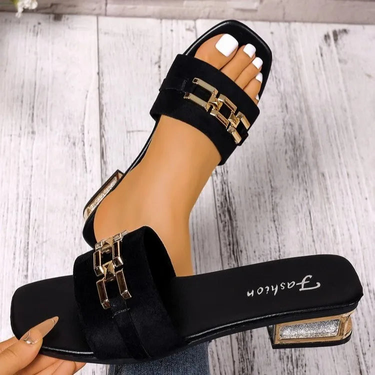 Women's Spring and Summer Casual Sandals, Bohemian Buckle Metal Buckle Fashionable Unisex Sandals, Beach Shoes, Versatile Kitten Heel Sandals, Vacation, Parties, Daily Work Clothing LadyShow.Store