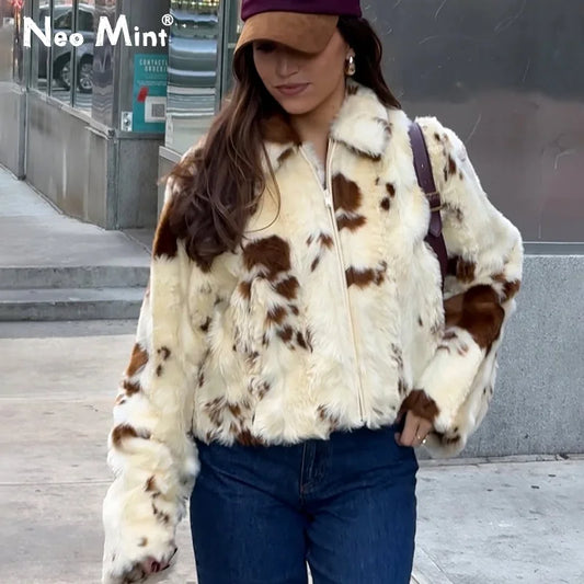 Neo Mint Chic Street Girls Cow Print Fur Coat Women 2025 Winter New Brand Fashion Warm Faux Fur Jacket Autumn Iconic Streetwear LadyShow.Store