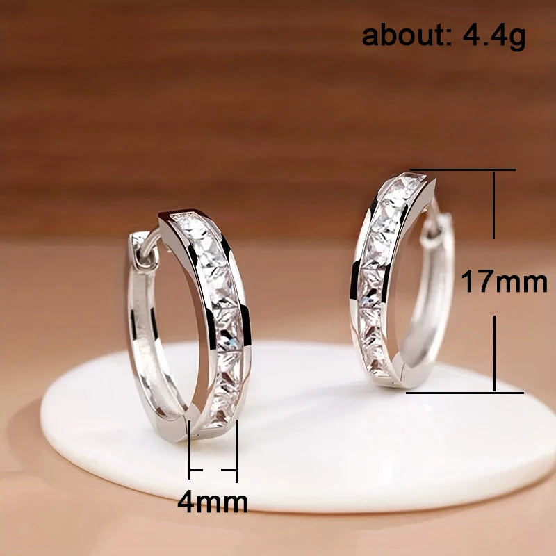 Huitan Hoop Earrings with Princess Cubic Zirconia Exquisite Ear Circle Earrings for Women Silver Color Fashion Versatile Jewelry Pi-Mart