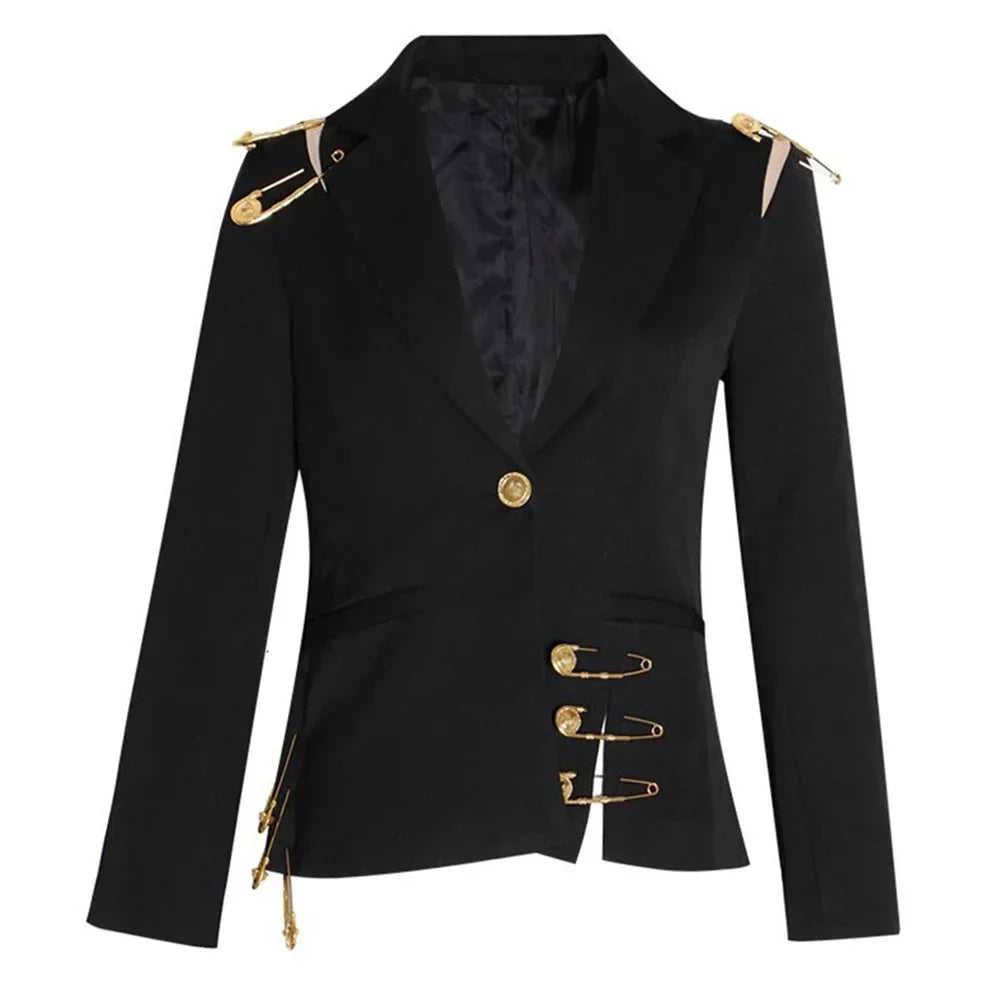 VGH Chic Spliced Metal Pin Slimming Blazer for Women Notched Collar Long Sleeve Patchwork Mesh Hollow Out Fashion Jacket Female LadyShow.Store
