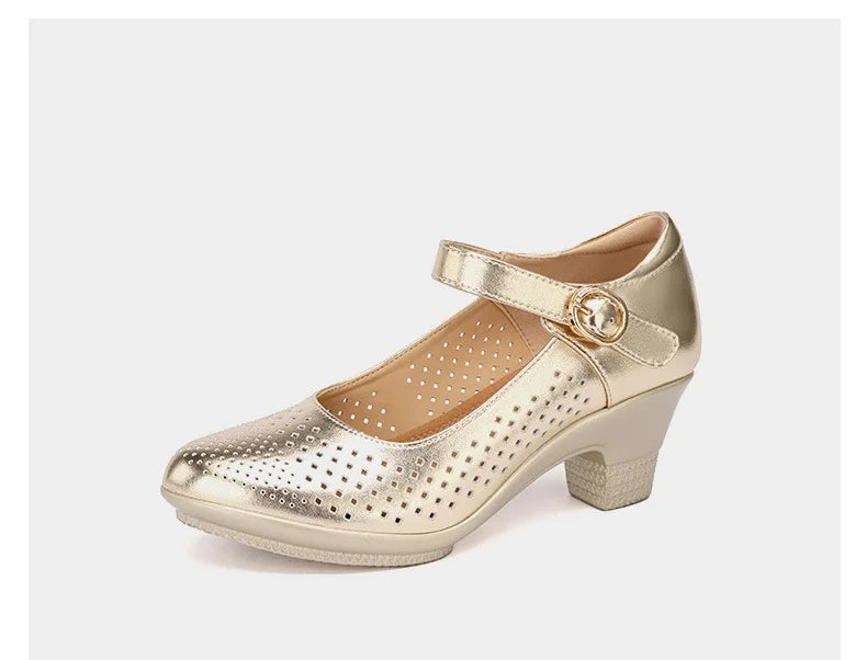 5.5cm 7.5cm Small Size 33 Breathable Cutout Block Heels Shoes Mary Janes 2026 Soft Leather Platform Pumps for Mom Dance Model Pi-Mart