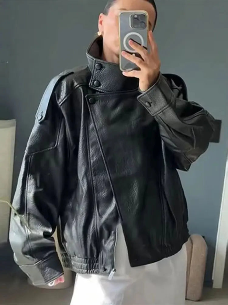 HH Autumn Faux Leather Jacket For Women Casual Solid Long Sleeve Zipper Pu Leather Coats New Fashion Female Streetwear Pi-Mart