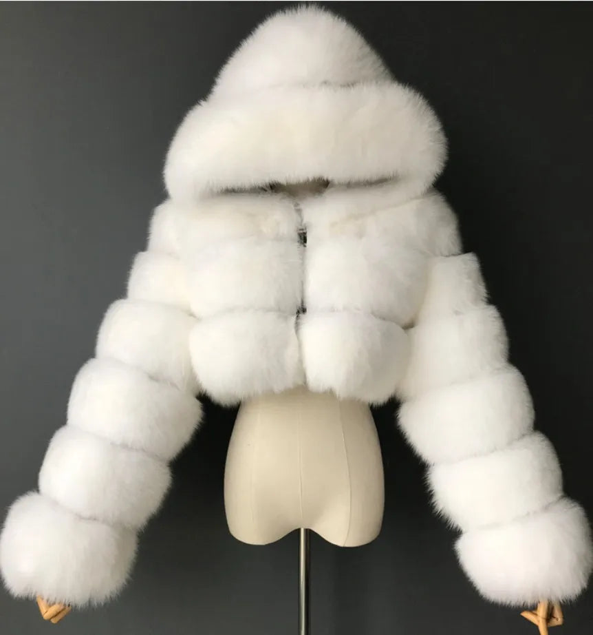High Quality Furry Cropped Faux Fur Coats Jackets Women Fluffy Top With Hooded Winter Fur Jackets Fourrure Manteau Femme JH137 Pi-Mart