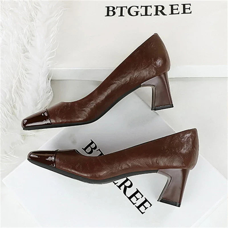 BIGTREE Fashion Patent Leather Women's Pumps Square Toe Stripper Elegant Party Vintage Spring Ladies Shoes Zapatos Mujer LadyShow.Store