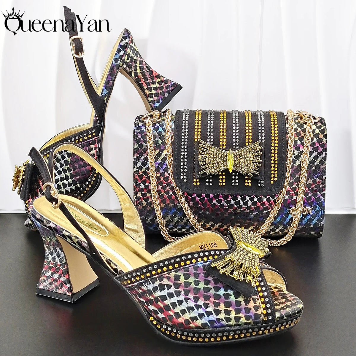 QueenaYan 2026 New Italian Pumps and Bag To Party  INS Style Open-Toe Rhinestone Elegant High Heels for Women Party Pi-Mart