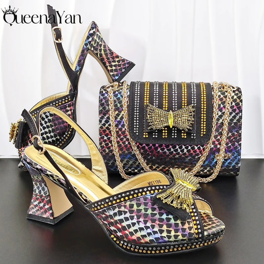 QueenaYan 2026 New Italian Pumps and Bag To Party  INS Style Open-Toe Rhinestone Elegant High Heels for Women Party Pi-Mart