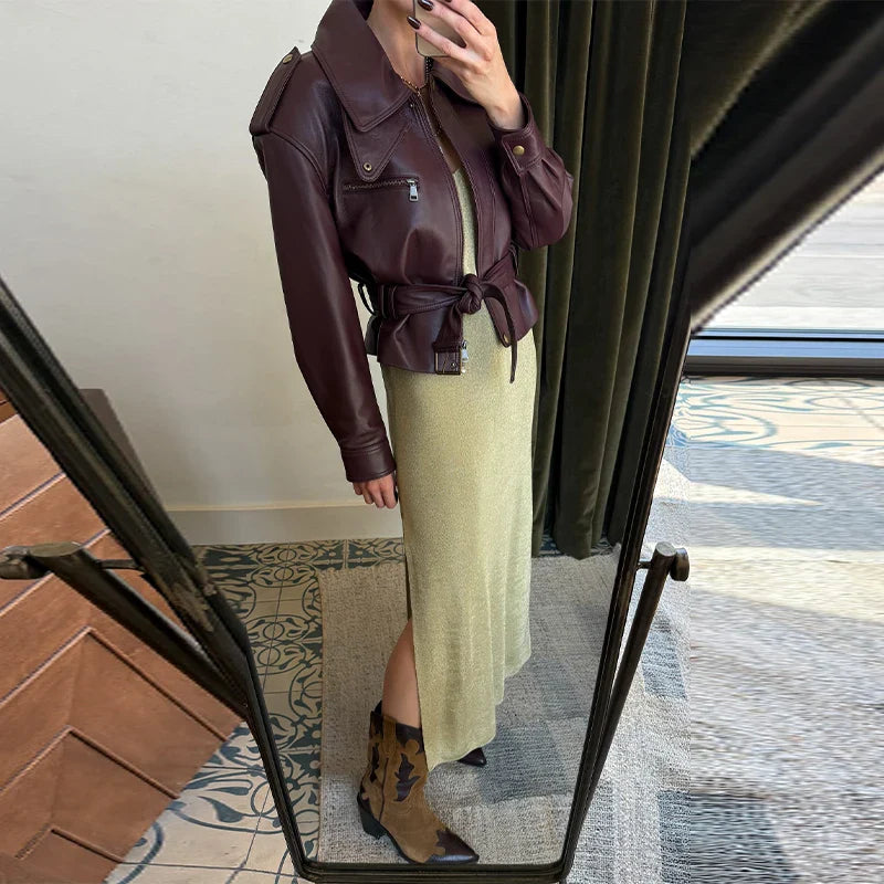 Vintage Fashion Elegant High Neck Leather Jacket 2025 New Exquisite Cinched Waist Short Coat High Street Faux Leather Clothes LadyShow.Store