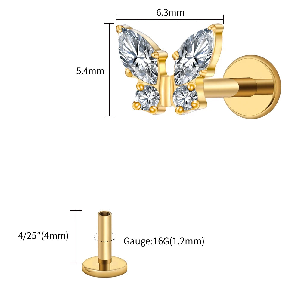 Right Grand ASTM F136 Titanium 16G Mini Butterfly CZ Labret Tragus Cartilage Conch Forward Helix Stud Nose Piercing Body Jewelry Pi-Mart