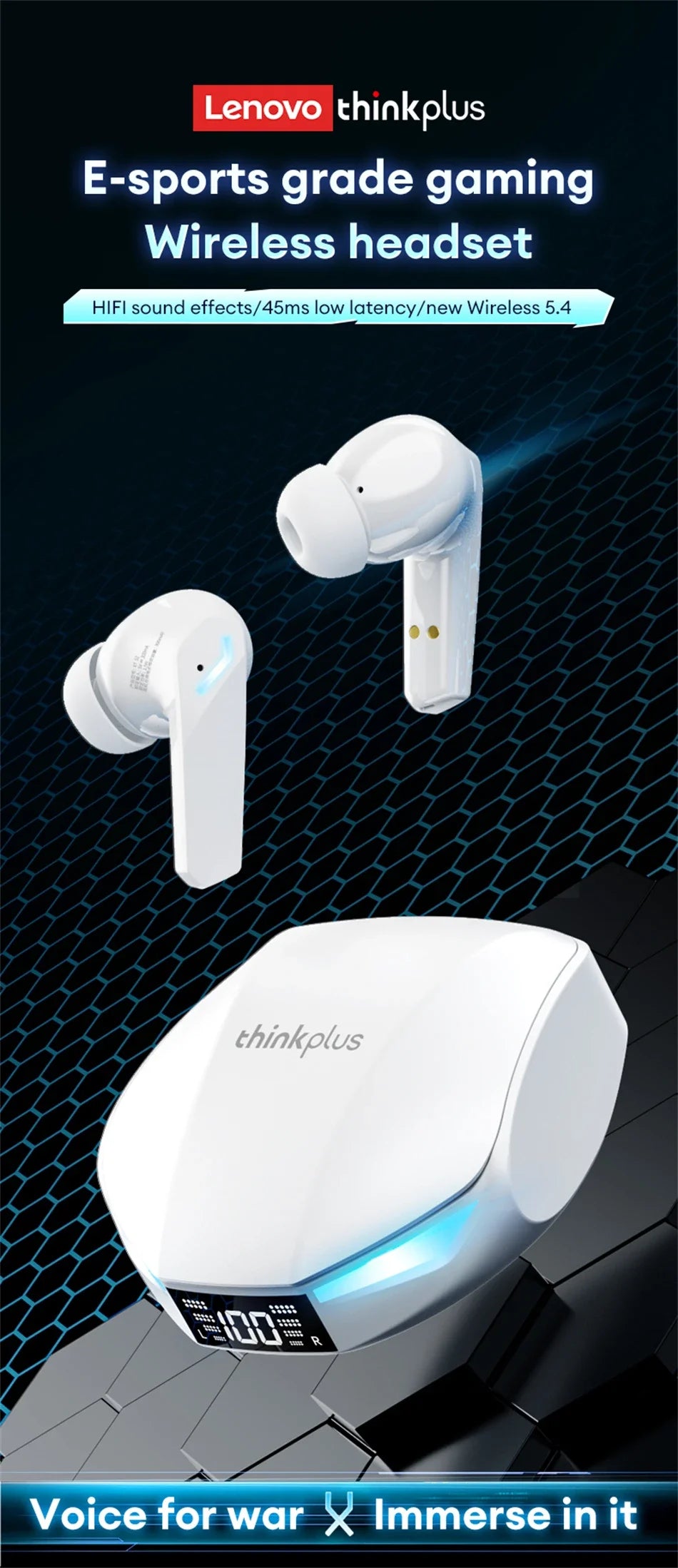 Lenovo XT53 Gaming Headset LED Digital Display Wireless Sport Earbuds HD Call Low Latency Headphones Waterproof GM2 Pro Upgraded Pi-Mart