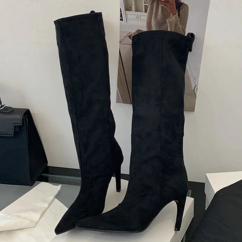 Aneikeh Fashion Winter Pointed Toe Knee-High Women Boots Thin Heels Shoes Female Punk Long Booties Zapatos De Muje LadyShow.Store