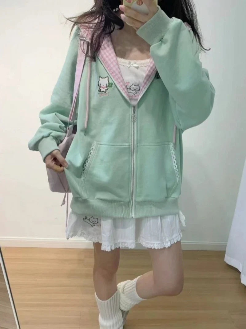Y2k Hoodies Green Kawaii Cat Floral Print Hooded Zip-up Woman Sweatshirts Pink Thin Jacket Spring Fall Clothes Cute Streetwear LadyShow.Store