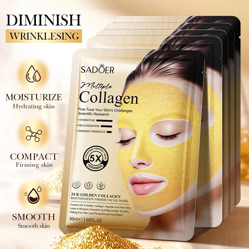 SADOER 24k Golden Collagen Facial Masks Anti Wrinkle Firming Moisturizing Anti-Aging Face Mask Beauty Facial Skin Care Products Tri Light Beauty