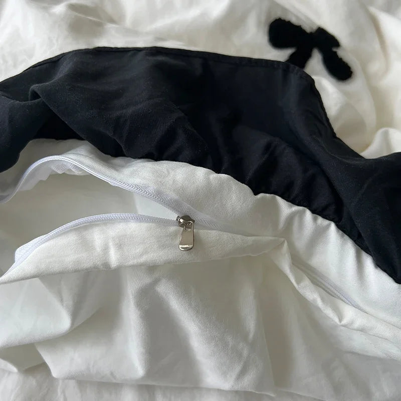 Black Bow Cotton Bedding Set, Princess Style Cute Girl Skin Friendly Soft Duvet Cover, Bed Sheet or Bed Skirt Pillowcase Pi-Mart
