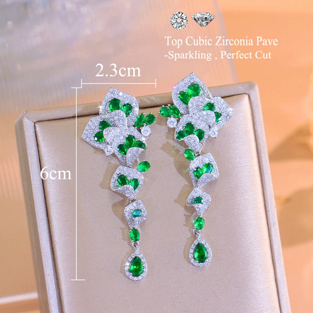 CWWZircons Elegant Green CZ Crystal Flower Water Drop Long Dangle Earrings for Women Beautiful Wedding Party Jewelry Gifts E1159 Pi-Mart