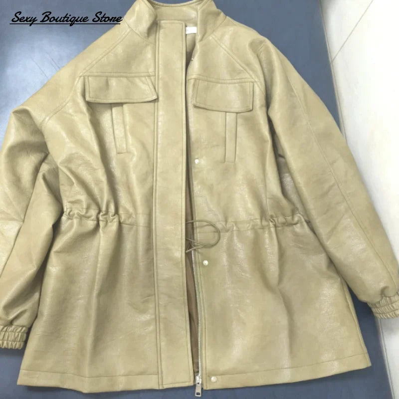 Autumn Winter Pu Leather Jacket For Women Solid Full Sleeve Elastic Adjustable Waist Coat 2025 New Lady Fashion Casual Outwears LadyShow.Store