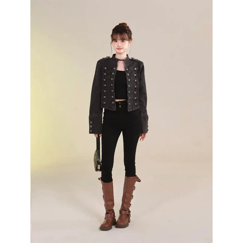 Women's American Retro Denim Military Inspired Cropped Jacket Long Sleeve Stand Collar Casual Motorcycle Coat LadyShow.Store