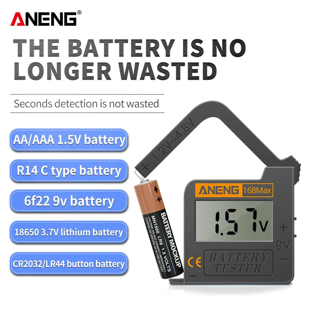 ANENG 168MAX Self Powered Digital LCD Battery Checker AA AAA C D 9V Button Cell 18650 Lithium Cell Voltage Capacity Test Tool Pi-Mart