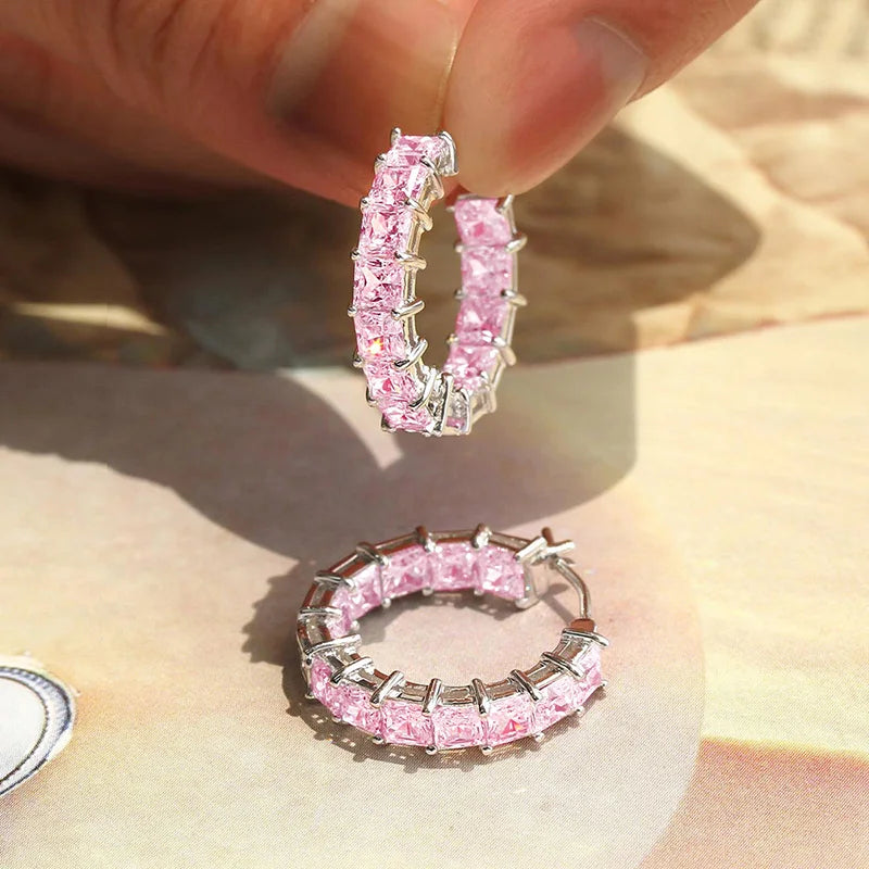 Huitan Princess Square Cubic Zirconia Hoop Earrings Luxury Trendy Ear Circle Earrings for Women Fashion Versatile Female Jewelry Pi-Mart
