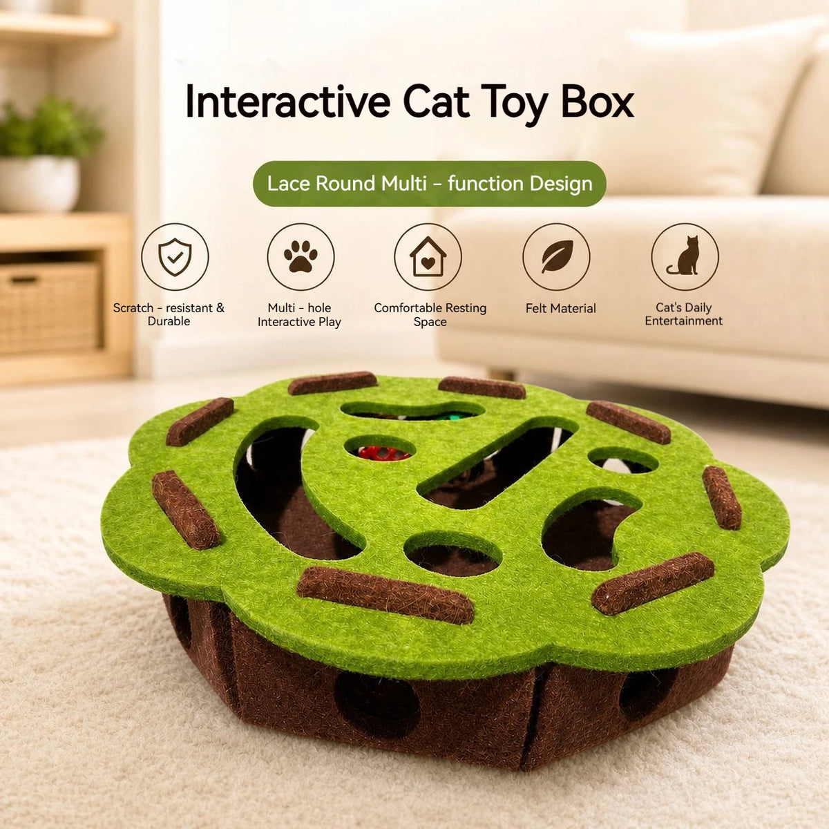 Interactive Cat Toy Felt Maze Box with Bell Ball Self Play Cat Teaser Box Stimulate Hunting Instinct Relieve Boredom Stress Pi-Mart
