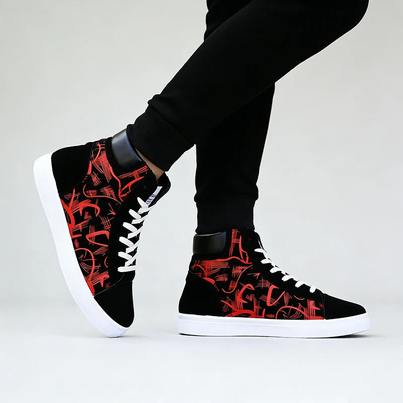 Street Style Fashion Sneakers Mens Casual Shoes Flat Breathable High top Black Red Brand Male Footwear Pi-Mart