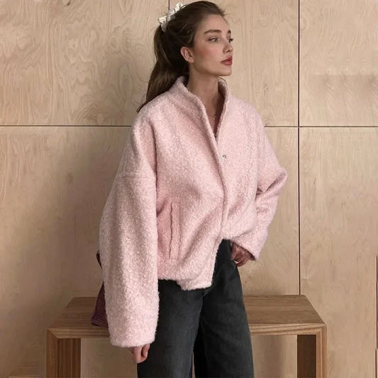 Talenza Women's Pink Short Fur Jacket Autumn Loose Fashion Long Sleeve Jacket Top Casual Stand Collar Pocket Button Warm Jacket LadyShow.Store