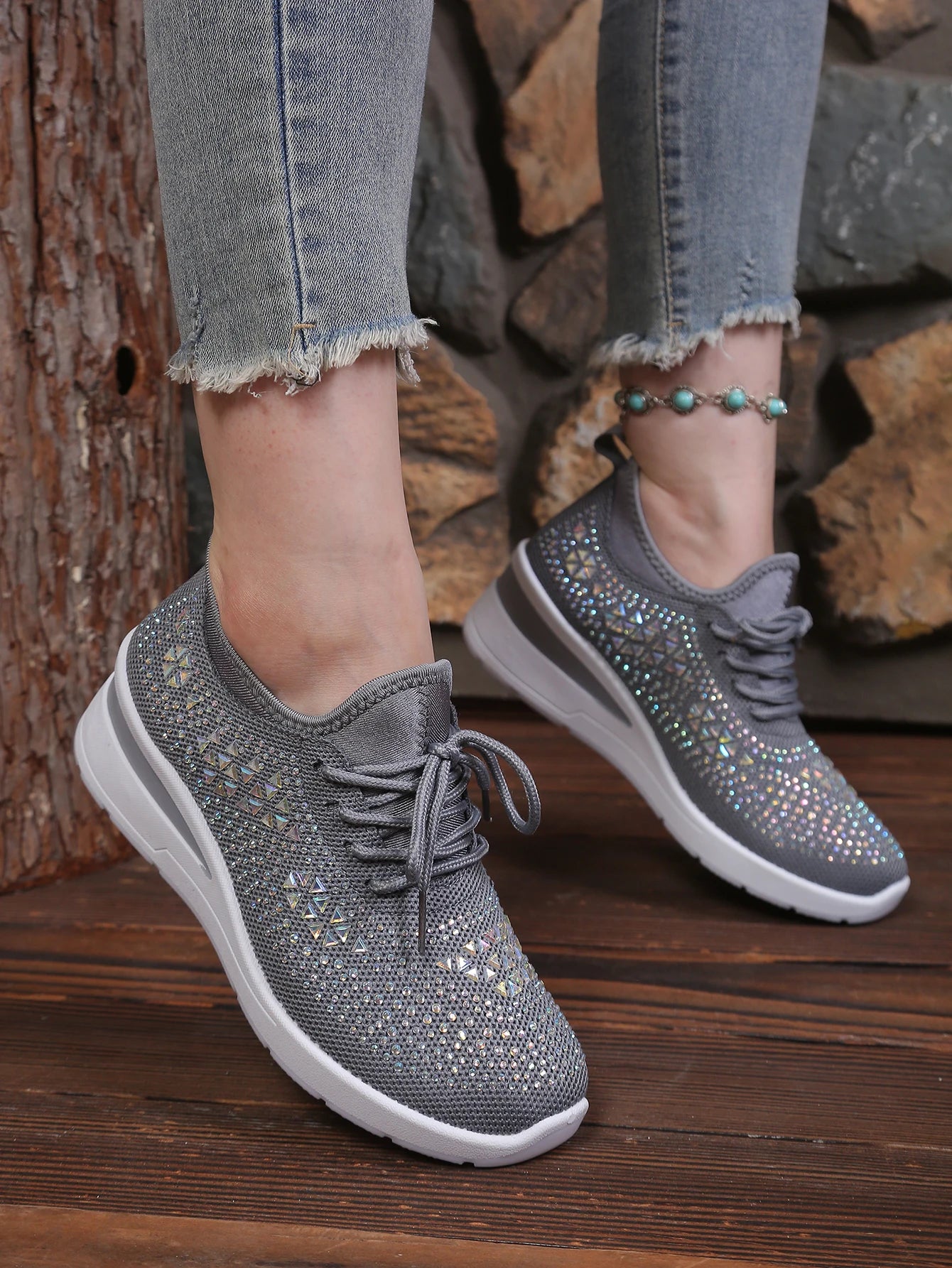 Women's Rhinestone Embellished Knit Mesh Wedge Sneakers, Adjustable Lace-Up Closure, Daily Walking Casual Footwear Pi-Mart