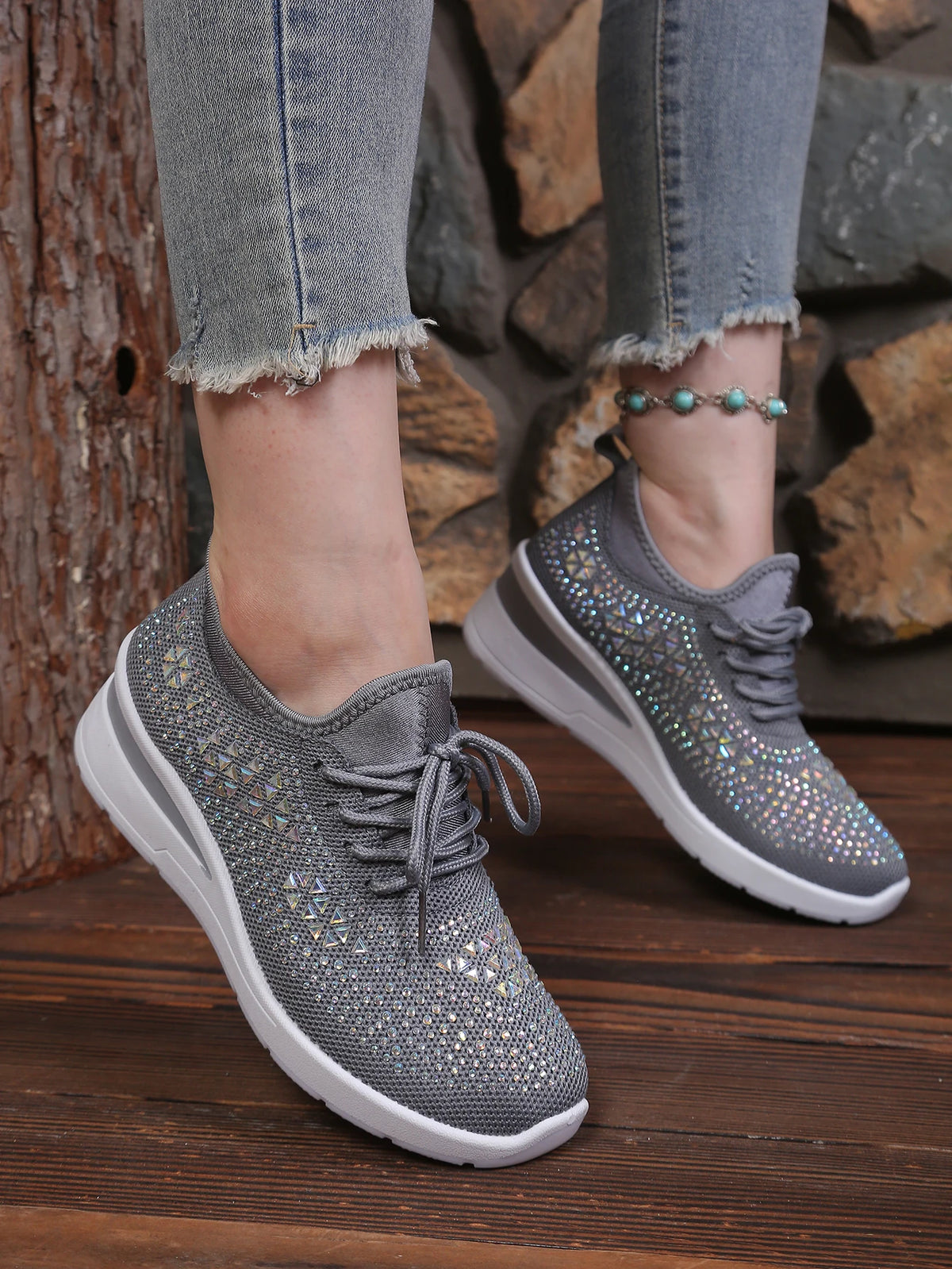Women's Rhinestone Embellished Knit Mesh Wedge Sneakers, Adjustable Lace-Up Closure, Daily Walking Casual Footwear Pi-Mart
