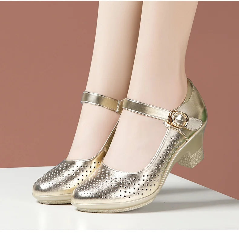5.5cm 7.5cm Small Size 33 Breathable Cutout Block Heels Shoes Mary Janes 2026 Soft Leather Platform Pumps for Mom Dance Model Pi-Mart