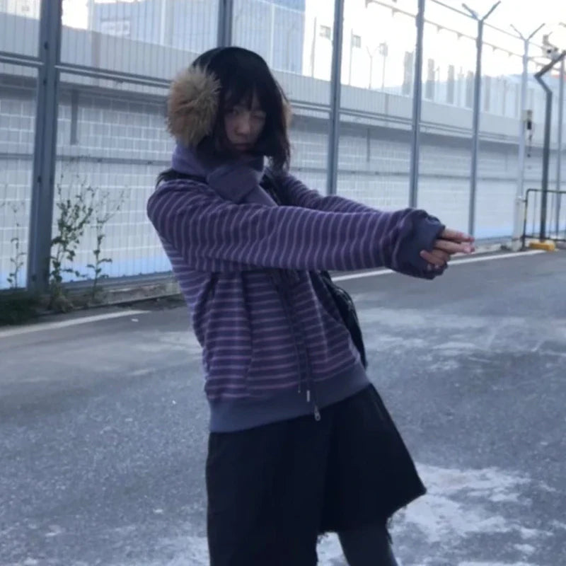 Karrram Japanese Y2k Purple Striped Cardigan 2000s Style Turtleneck Knitted Jacket Vintage Harajuku Zipper Knitwear Korean 90s LadyShow.Store