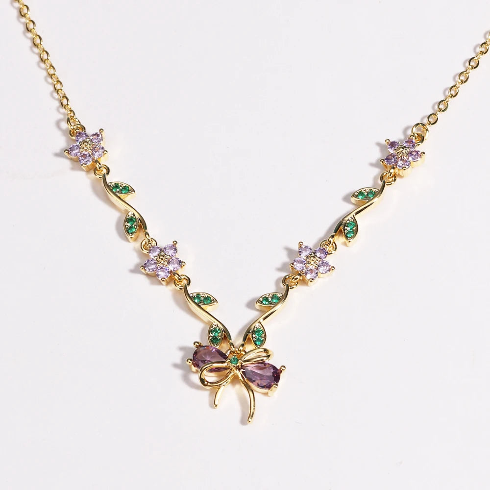 Summer New Fashion Exquisite Bow Leaf Flower Necklace For Women's Elegant Pink Zircon Chain Pendant Jewelry Gifts Pi-Mart