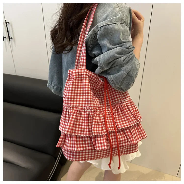 Large Capaci Cute Plaid Cotton Tote Bag  Lace Trim Women's Summer 2025 Simple Lady Handbag Soft Shoulder Bags Bolsa Feminina Pi-Mart