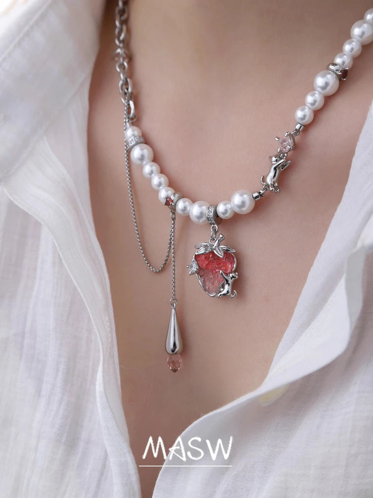 MASW Original Design Elegant Temperament Pink Strawberry Pendant Necklace For Women Wedding Gifts Modern Jewelry Accessories Pi-Mart