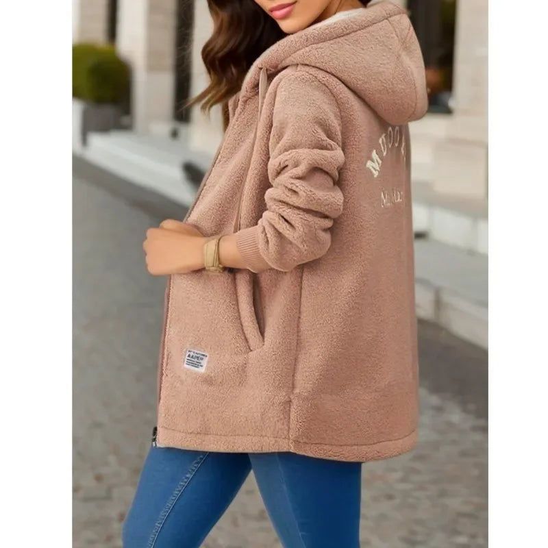 Women's Hooded Top  Winter Coat Thickened Fleece-lined Sweatshirt Cardigan Winter Trendy New Style Lamb Wool Jacket Ladies Pi-Mart