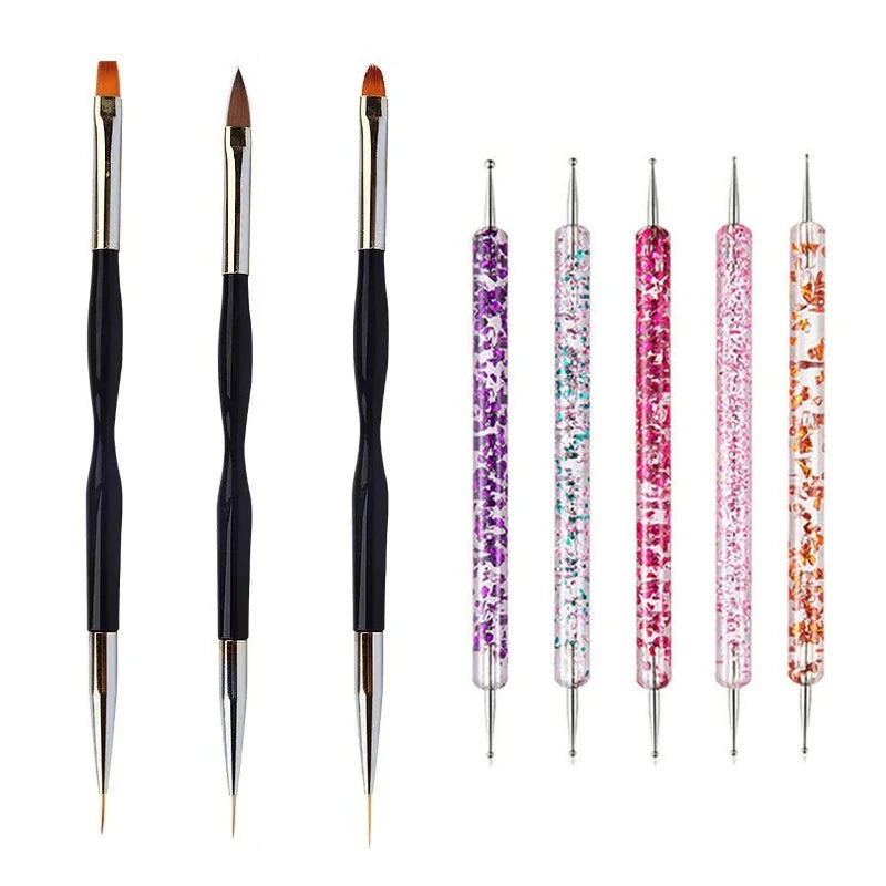 5/20Pcs Nail Art Brush Design Tip Painting Drawing Carving Dotting Pen FlatFan Liner Acrylic Gel UV Polish Manicure Tools Tri Light Beauty