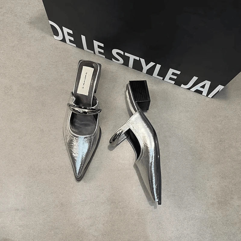 Summer Women Cover Toe Mules Slippers Fashion Metal Decoration Thick Heel Slide Shoes Comfort Street Style Footwear LadyShow.Store