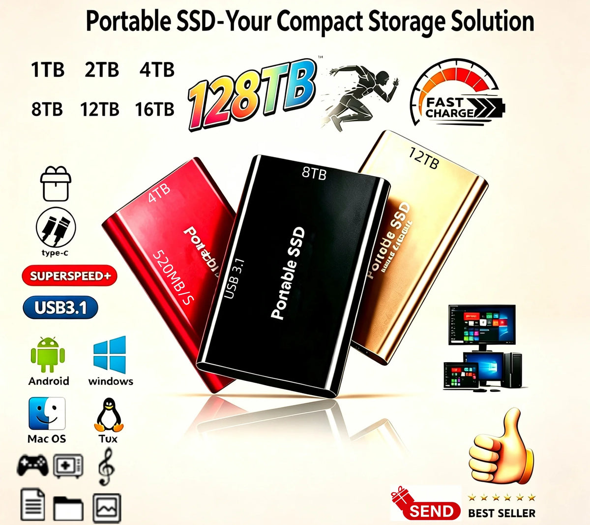 Portable External SSD, 1TB-16TB Large Capacity USB3.1 High Speed Solid State Drive, Lightweight Storage for Laptop, Desktop, Mac Pi-Mart