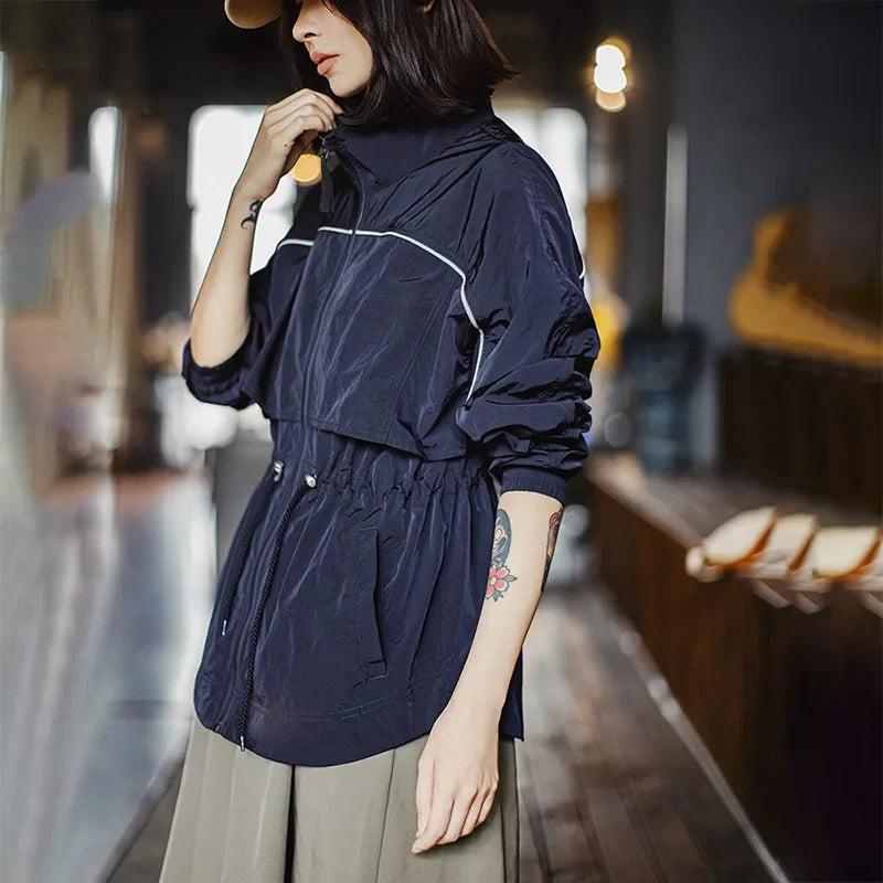 Maden Women's Lightweight Stand Collar Short Windbreaker Jacket Navy Blue Contrast Parka with Waist Cinching for Spring and Fall LadyShow.Store
