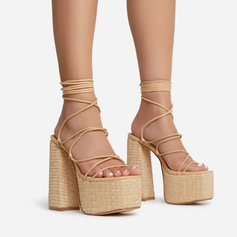 Woven Platform Lace Up Strappy Sandals Block Heel Open Toe Solid Color Sexy Roman Style Women Shoes Summer 2026 New Arrivals Pi-Mart
