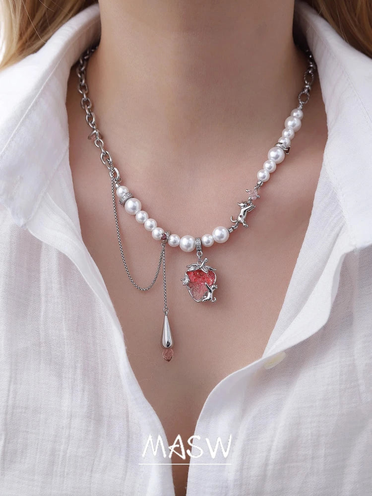 MASW Original Design Elegant Temperament Pink Strawberry Pendant Necklace For Women Wedding Gifts Modern Jewelry Accessories Pi-Mart